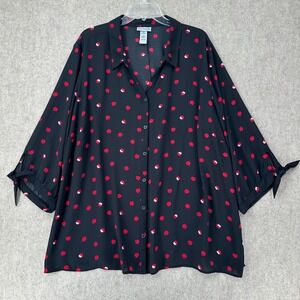 Catherines 3X Blouse Top 24/26 Tunic Black Red Apples Teacher Chiffon Semi Sheer